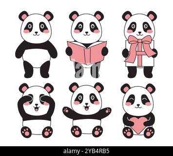 Set süßer Pandas. Asiatische Schwarzweiß-Tiere mit Herz, Geschenkschachtel und Buch. Chinesisches Teddybär-Spielzeug. Romantisches Geschenk. Lineare Vektorsammlung Stock Vektor