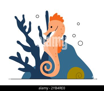 Meeresbewohner-Konzept. Orangefarbenes Seepferd in der Nähe von Korallen und Riffen. Unterwasserwelt. Meer oder Meeresfauna. Vorlage und Layout. Illustration des flachen Vektors Stock Vektor