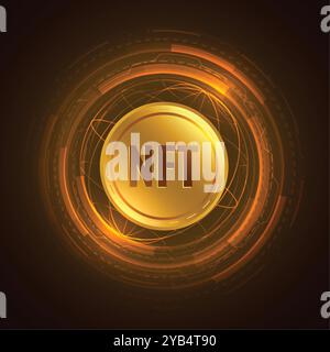 Digital NFT nicht fungible Token in goldener Münze Konzept Poster Stock Vektor