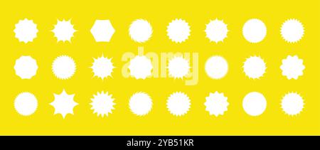 Satz weißer Starburst-Preis. Sunburst-Abzeichen. Sternaufkleber-Vektor auf gelbem Hintergrund. Einfache Etiketten in flacher Ausführung Stock Vektor