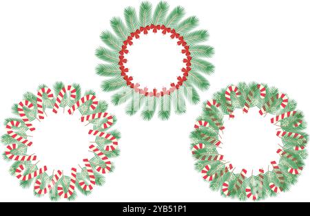 Tannenzweige mit gestreiftem Zuckerrohr, Schneeflocken und Schleifenband Circle Christmas Frames. Kopierbereich. Satz von 3 Vektor-Illustrationskarten, Poster, Broschüren, Banner, Grüße, Preis, Etikett oder Web-Aktion Stock Vektor