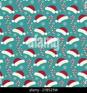 Gestreifter Candy Cane, Weihnachtsmannmützen und nahtloses Schneeflocken-Muster in verschiedenen Größen. Weihnachtshintergrund. Isolierte Vektor-Illustration Wrapping oder Web, thematische Karten, Poster, soziale Medien, Web-Promos Stock Vektor