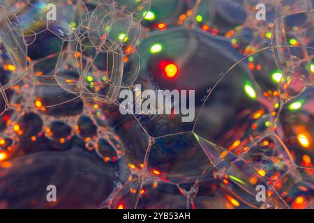 Dieses Makrofoto zeigt einen abstrakten Hintergrund mit einem Netzwerk aus bunten Seifenblasen. Stockfoto