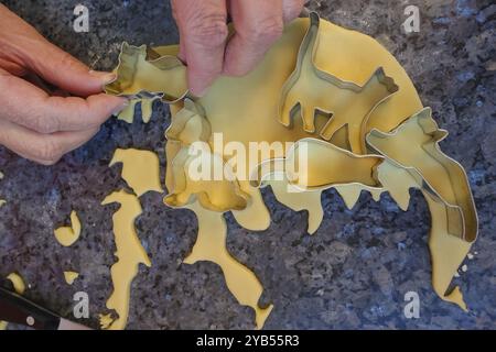 Schwäbische Küche, schwäbische Weihnachtsgebäck, Zubereitung von Keksschneidern, Shortbread Biscuits, Katzenfiguren, Ausschneiden von rohem Teig mit Formen, typisch Stockfoto