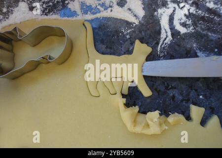 Schwäbische Küche, schwäbische Weihnachtsgebäck, Zubereitung von Keksschneidern, Shortbread Biscuits, Katzenfiguren, Ausschneiden von rohem Teig mit Formen, typisch Stockfoto