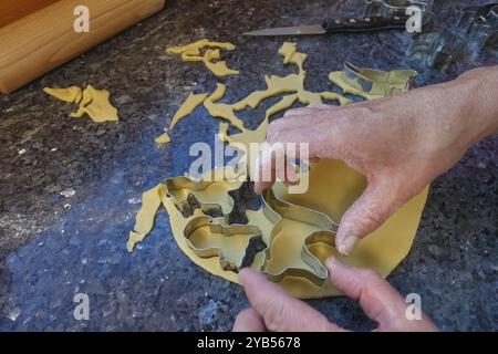 Schwäbische Küche, schwäbische Weihnachtsgebäck, Zubereitung von Keksschneidern, Shortbread Biscuits, Katzenfiguren, Ausschneiden von rohem Teig mit Formen, typisch Stockfoto