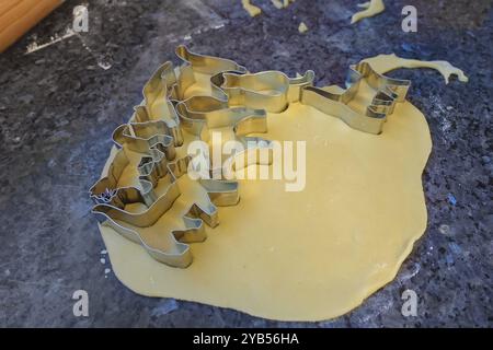 Schwäbische Küche, schwäbische Weihnachtsgebäck, Zubereitung von Keksschneidern, Shortbread Biscuits, Katzenfiguren, Ausschneiden von rohem Teig mit Formen, typisch Stockfoto