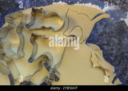 Schwäbische Küche, schwäbische Weihnachtsgebäck, Zubereitung von Keksschneidern, Shortbread Biscuits, Katzenfiguren, Ausschneiden von rohem Teig mit Formen, typisch Stockfoto