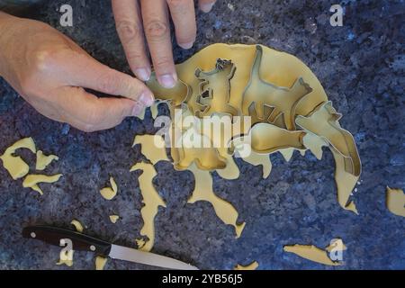 Schwäbische Küche, schwäbische Weihnachtsgebäck, Zubereitung von Keksschneidern, Shortbread Biscuits, Katzenfiguren, Ausschneiden von rohem Teig mit Formen, typisch Stockfoto