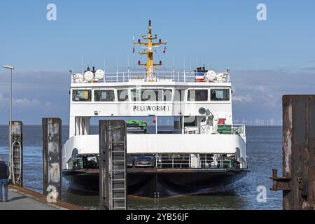 Pellworm Fähre kommt an, Hafen, Strucklahnungshoern, Nordstrand, Nordfriesland, Schleswig-Holstein, Deutschland, Europa Stockfoto