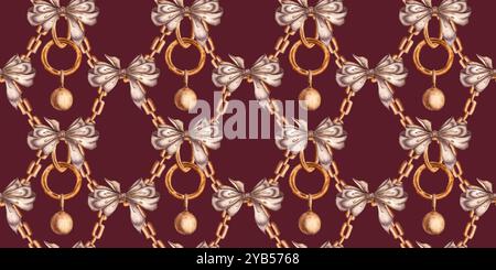 Goldene Kette mit braunen Schleifen, Muster auf burgunderfarbener Hintergrund Aquarellillustration. Schmuck, Accessoires und Seidenhaarband. Zum Dekorieren von Souvenirs, Stockfoto