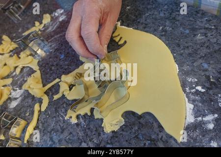 Schwäbische Küche, schwäbische Weihnachtsgebäck, Zubereitung von Keksschneidern, Shortbread Biscuits, Katzenfiguren, Ausschneiden von rohem Teig mit Formen, typisch Stockfoto
