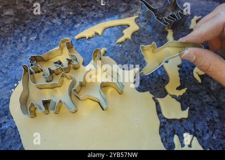 Schwäbische Küche, schwäbische Weihnachtsgebäck, Zubereitung von Keksschneidern, Shortbread Biscuits, Katzenfiguren, Ausschneiden von rohem Teig mit Formen, typisch Stockfoto