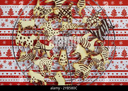 Schwäbische Küche, schwäbische Weihnachtsgebäck, Keksschneider, Shortbread Kekse, Katzenfiguren, mit Schokolade bemalt, typisch schwäbisch, backen, Christus Stockfoto