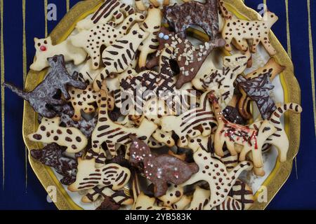 Schwäbische Küche, schwäbische Weihnachtsgebäck, Keksschneider, Shortbread Kekse, Katzenfiguren, mit Schokolade bemalt, typisch schwäbisch, backen, Christus Stockfoto