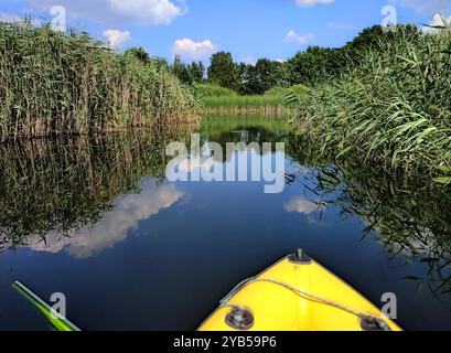 Mann schwimmt auf einem aufblasbaren Boot entlang eines kleinen Flusses zwischen Schilf. Person schwimmt auf gelbem aufblasbarem Boot auf Spiegeloberfläche des Wassers des kleinen Teichs mit Reflexion des blauen Himmels an ruhigem Sommersonnentag Stockfoto