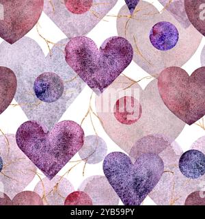 Dies ist ein atemberaubendes Aquarellmuster mit entzückenden Herzen und eleganten Kreisen in weichen, beruhigenden Tönen. Nahtloses Aquarellmuster für den Druck auf Stoff und Papier. Stockfoto