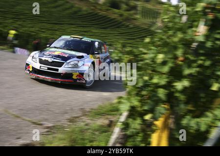 Trier, 19. August 2011, Hermann Gassner Junior und seine Mitfahrerin Katharina Wuestenhagen in ihrer Skoda Fabia bei SS 6 (Moselland 2) der WRC Stockfoto