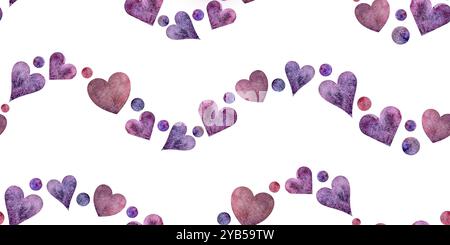 Dieses bezaubernde Herzmuster in Aquarellfarben ist mit schönen Lila-Tönen ideal für romantische und liebevolle Kreationen. Nahtloser Rand in Aquarellfarben für den Druck auf Stoff und Papier. Stockfoto