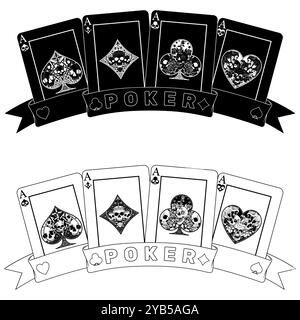 Pokerkarten umgeben von einem Band, Pokersymbole mit Herz, Diamant, Schläger und Ass mit verschiedenen Schädeldesigns Stock Vektor