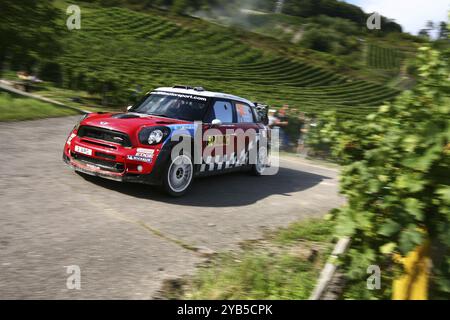 Trier, 19. August 2011, Kris Meeke und sein Mitfahrer Paul Nagle in ihrem Prodrive Mini bei SS 6 (Moselland 2) der WRC ADAC Deutschland Rally Stockfoto