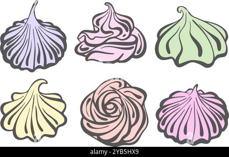 Meringue-Vektor-Symbol. Schlagsahne für Kuchen und Tortendesserts. Gebäck Illustration auf weißem Hintergrund. Wirbeln Sie die Wüste, Mousse-Schaum. Stock Vektor