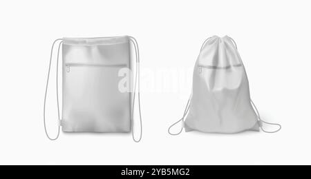 Weißes Modell für Rucksack mit dünnem, langem Kordelzug zum Tragen von Sportkleidung oder Schulutensilien. Realistische 3D-Vektor-Illustration Satz des leeren weichen Stoffschulterrucksacks mit String-Strap-Vorlage. Stock Vektor