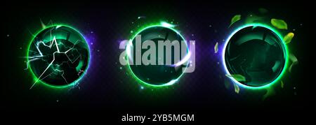 Grüne und violette Zauberkugeln mit Lichteffekt. Realistische 3D-Vektor-Illustration Set von Fantasy-Machtsphäre mit Blitz und Feuer Flammen, Plasma und Funkeln. Fantasy Lightning Kugel. Stock Vektor