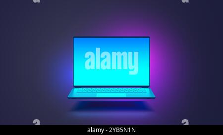 Laptop hängt Luft im Dunkeln. Vorderansicht des Notebook-Vektors. Gaming-Notebook-Mockup mit offenem Zyan-Bildschirm auf der Vorderseite. Vektorvorlage Notizbuch mit leerem Bildschirm und Hintergrundbeleuchtung. Stock Vektor