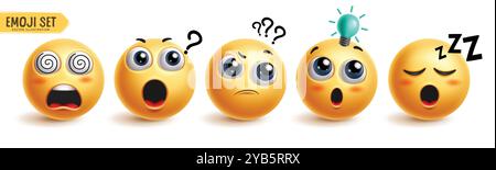 Emoji Stress Emoticon Zeichen Vektorsatz. Emojis Emoticons in Stress, Denken, Schwindel, müde, schläfrig und fragend Gesichtsausdruck Charaktergrafik Stock Vektor