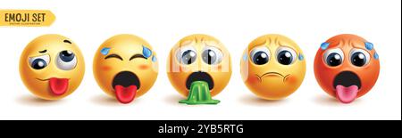 Emoji angeekelte Charaktervektorsatz. Emojis 3D Icon Kollektion mit grafischen Elementen für Übelkeit, Erbrechen, ekelhafte, kranke und heiße Gesichtsausdrücke. Vektor Stock Vektor