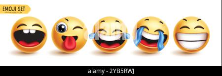 Emoji Happy Character Vektor Set. Emoticon 3D-Ikone in der Kollektion fröhlicher, lustiger, lächelnder, zwinkernder, lachender und frecher Gesichtsausdruck Stock Vektor