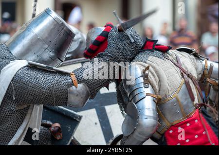 Jaunpils, Lettland – 10. August 2024: Ritter treffen sich mit Waffen in einem aufregenden historischen Nachspiel-Event. Stockfoto