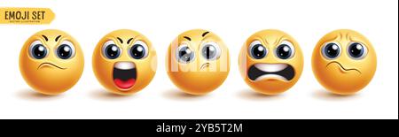 Emoji Angry Emoticon Charaktere Vektor Set. Emojis 3D Icon Kollektion in weiß, grausam, schlechter Stimmung, Stress und irritiertem Gesichtsausdruck Stock Vektor