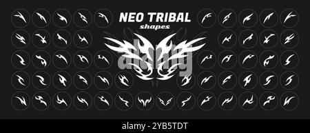Vektorsatz von neo Tribal y2k-Formen. Neotribale gotische Tätowierung, scharfe Elemente des Cybersigilismus, abstrakte symmetrische Körperverzierung. Weiße Herz- und Schmetterlingssilhouette, keltische Emo-Gothic-Dekoration Stock Vektor