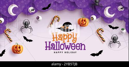 Happy halloween Text Vektor Design. Halloween-Grußkarte im leeren Raum mit hängenden gruseligen Elementen für Weihnachtsdekoration Hintergrund. Stock Vektor