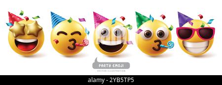 Emojis Party Geburtstag Emoticon Charaktere Vektor Set. Emoji Emoticon Geburtstagsklown, Maskottchen, Kostüm, glücklich, lächelnd und trägt Hut Charakter Stock Vektor