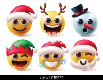 Weihnachtsemoji-Zeichen Vektor-Set. Weihnachtsemojis und Emoticons Charaktere wie weihnachtsmann, Rentier, Schneemann und Elfe in Happy, Funny Stock Vektor