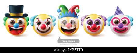 Emojis clowns Emoticon Zeichen Vektor Set. Emoji Emoticons Geburtstagsklown, Maskottchen, Kostüm, Joker und komödiantischer Gesichtsausdruck Charakter Stock Vektor