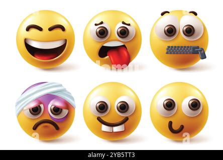Emoji-Emoticon-Zeichenvektorsatz. Emoticon Emojis Gesichtsausdruck in glücklichen, hungrigen, stillen, verletzten, blauen Flecken und schüchternen Gesichtern und Stimmung Stock Vektor
