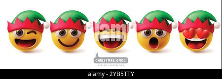 Weihnachten Emoji Elf Charakter Vektor Set. Weihnachts-Elfen-Emojis und Emoticon-Charaktere in fröhlichem, lustigem und lächelndem Gesichtsausdruck. Stock Vektor