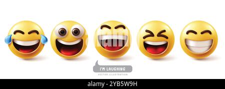 Emoji lachende Emoticon-Zeichen Vektor-Set. Emojis Emoticons Charaktere mit fröhlichen, lachen, lustigen, fröhlichen und lächelnden Gesichtsausdrücken Stock Vektor