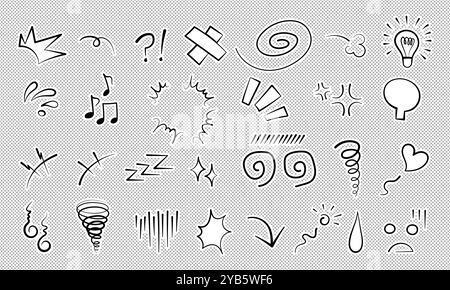 Manga oder Anime Comic Emoticon Element Grafik Effekte Hand gezeichnet Doodle Vektor Illustration Set. Stock Vektor