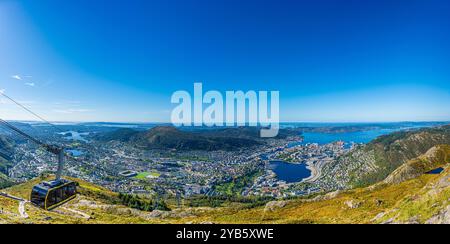 Panoramablick über die Stadt Bergen, Norwegen, vom Ulriken mit der Ulriken Seilbahn aus gesehen. Foto mit extra hoher Auflösung. Stockfoto