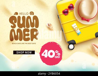 Sommer Sale Text Vektor Banner Design. Sommerangebot mit 40 % Rabatt auf die Räumung mit Strand- und Reisegepäcktasche, Hut und Sonnenschutzelementen Stock Vektor