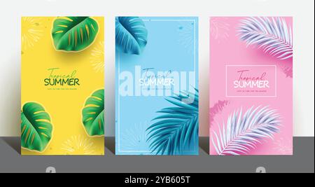 Poster-Set mit tropischen Vektoren für den Sommer. Tropischer Text für den Sommer mit Monstera- und Palmenblättern-Elementen für minimale saisonale Vorlagenkollektion. Vektor Stock Vektor