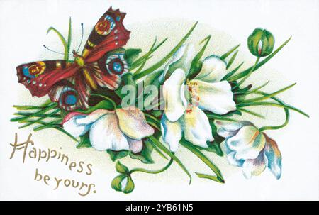 Vintage-Grußkarte mit Chromo-Litho-Illustration mit Schmetterling und Blumen und der Botschaft „Happiness be your“. Stockfoto