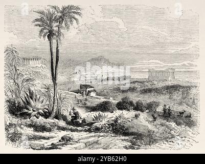 Ruinen des Tempels von Juno Lacinia in Agrigento, Sizilien, Italien. Zeichnung von Adolphe Rouargue (1810–1870) aus einem Monat auf Sizilien, 1843 von Felix Bourquelot (1815–1868) Le Tour du Monde 1860 Stockfoto