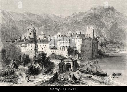 Heiliges Kloster von Esphigmenou, Berg Athos. Griechenland. Zeichnung von Karl Girardet (1813–1871) Reise zum Berg Athos, 1858 von Antonin Proust (1832–1905) Le Tour du Monde 1860 Stockfoto