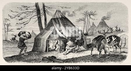 Tongusi Camp, Russland. Zeichnung von Jean Victor Adam (1801–1866) Reise ins Land der Yakuten. Asiatisches Russland, 1830-1839 von Uvarovski. Le Tour du Monde 1860 Stockfoto